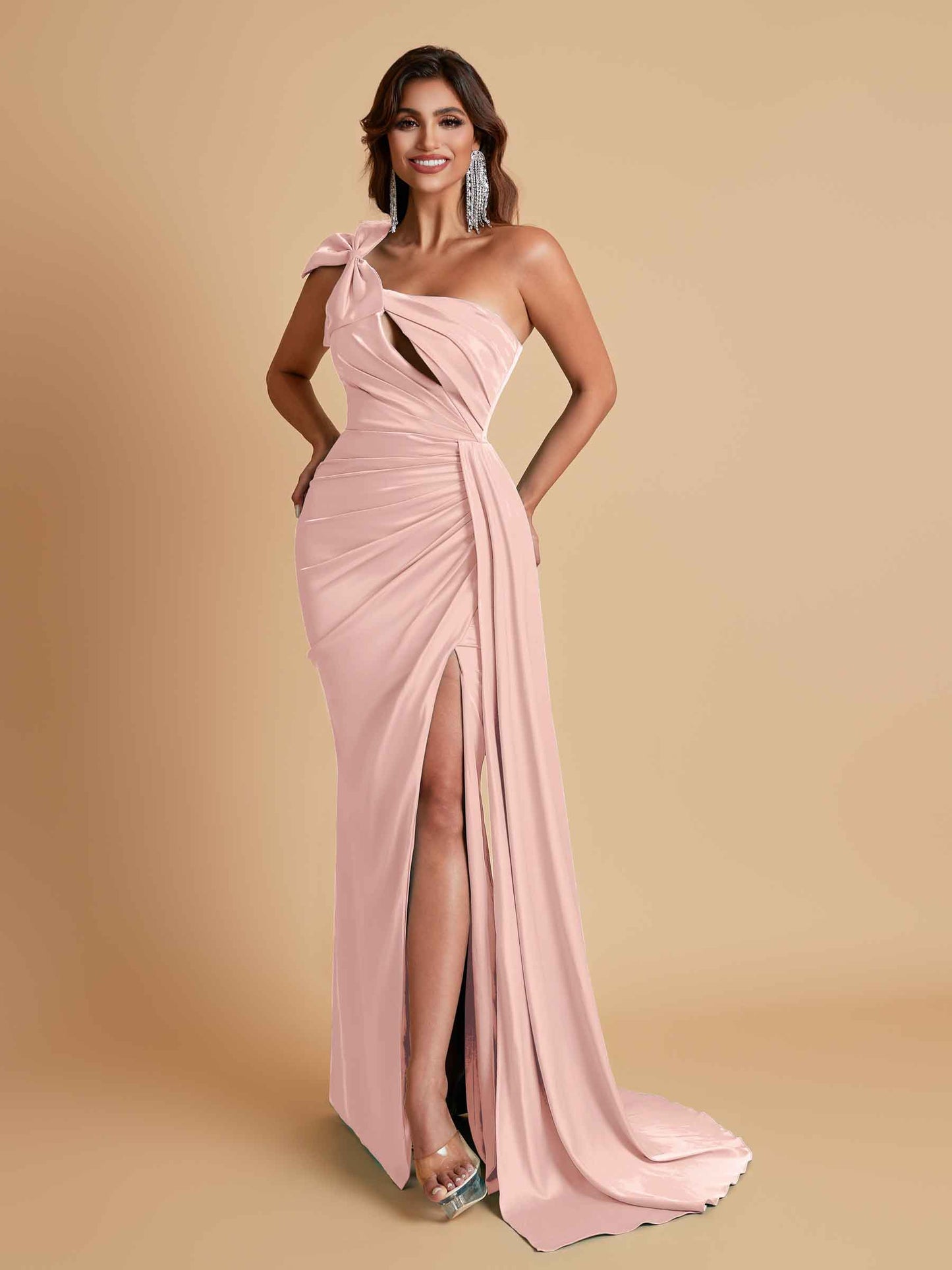 Gorgeous One Shoulder Bow Knot Soft Satin Side Slit Floor-Length Mermaid Bridesmaid Dresses