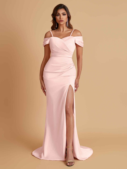 Sexy Soft Satin Mermaid Cold Shoulder Side Slit Floor-Length Bridesmaid Dresses Online
