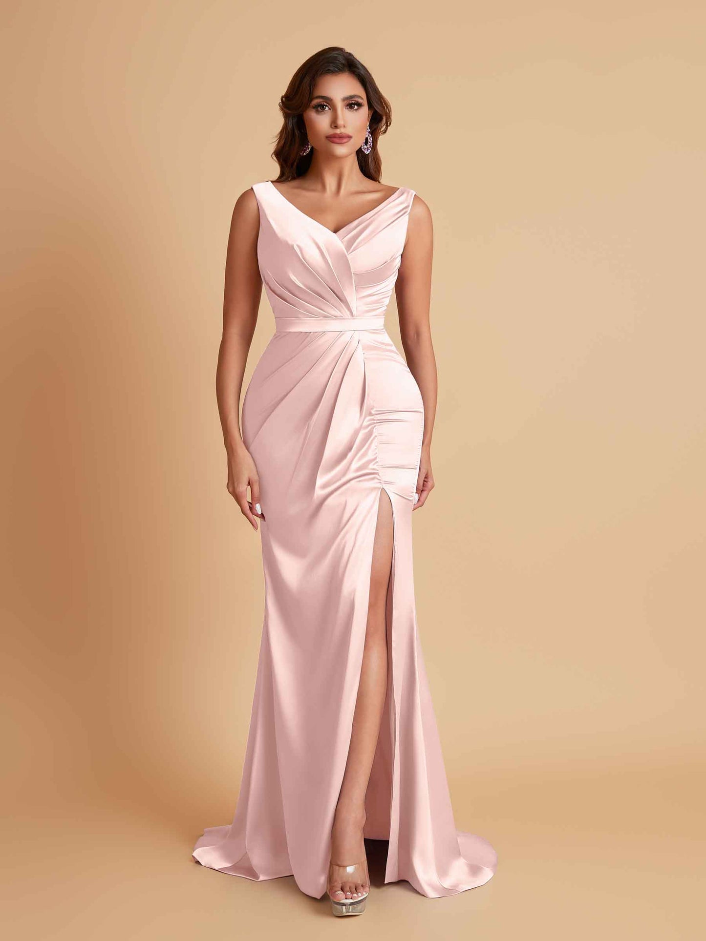 Elegant V Neck Soft Satin Side Slit Floor-Length Mermaid Bridesmaid Dresses