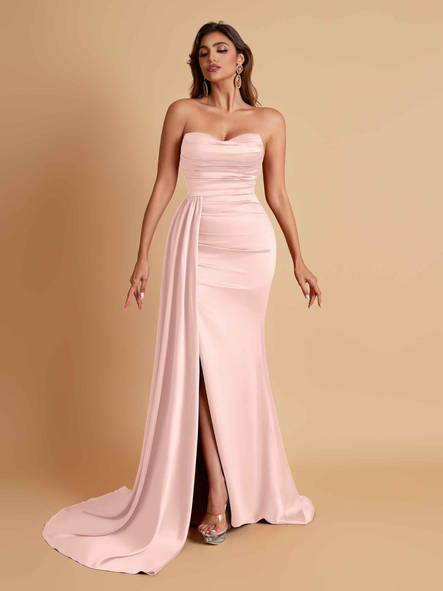Elegant Soft Satin Sweetheart Strapless Side-Slit Mermaid Bridesmaid Dresses