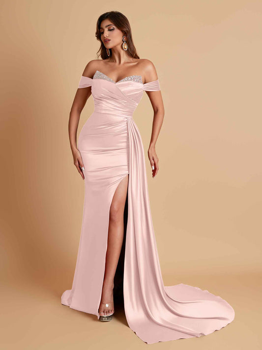 Gorgeous Soft Satin V-neck Off-the-Shoulder Side-Slit Mermaid Bridesmaid Dresses
