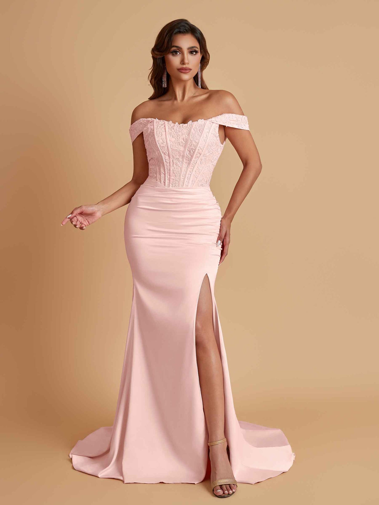 Elegant Soft Satin Mermaid Off Shoulder Side Slit Floor-Length Mermaid Bridesmaid Dresses