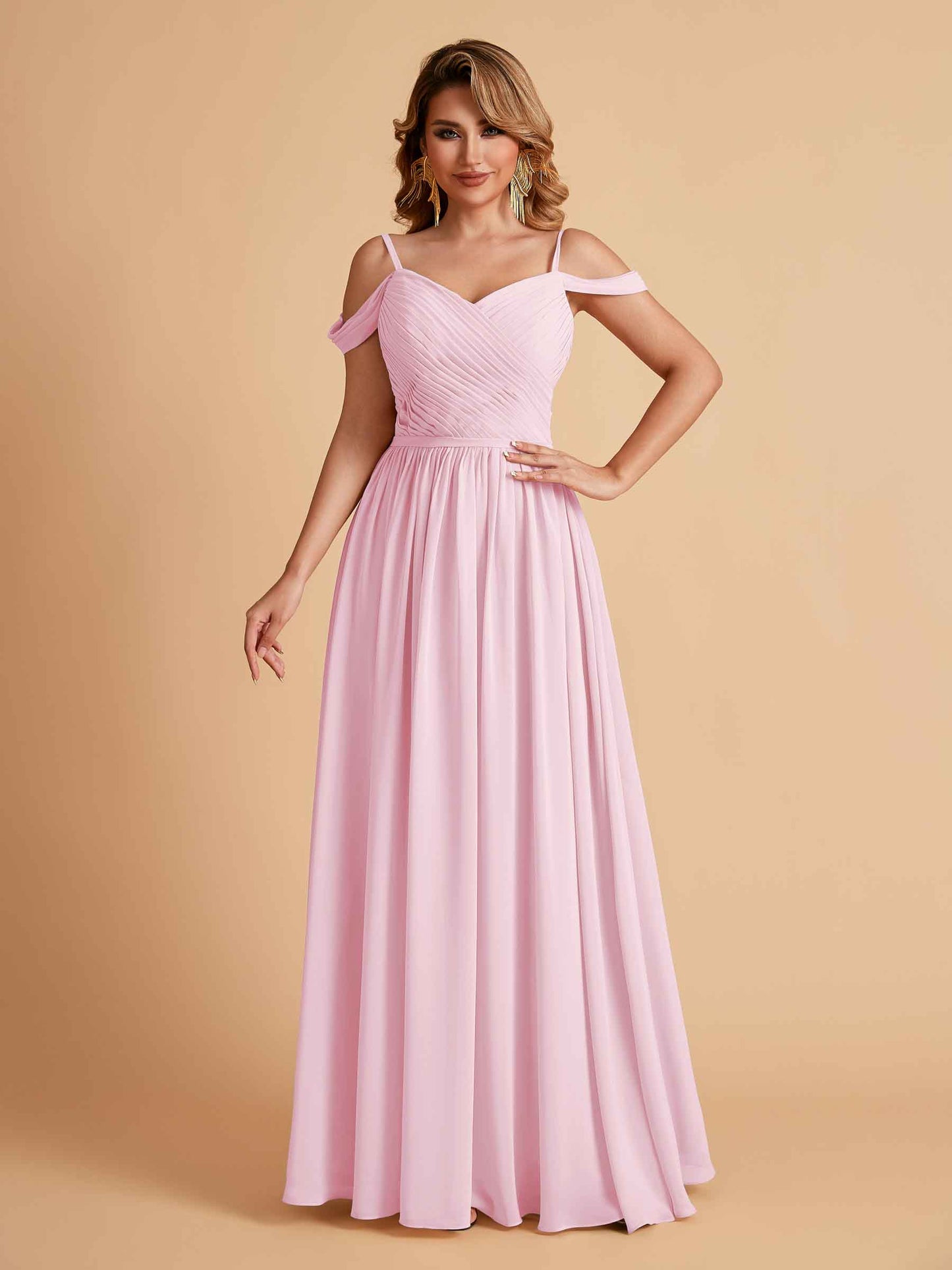 Elegant A-line Chiffon Off The Shoulder V-Neck Bridesmaid Dresses Online