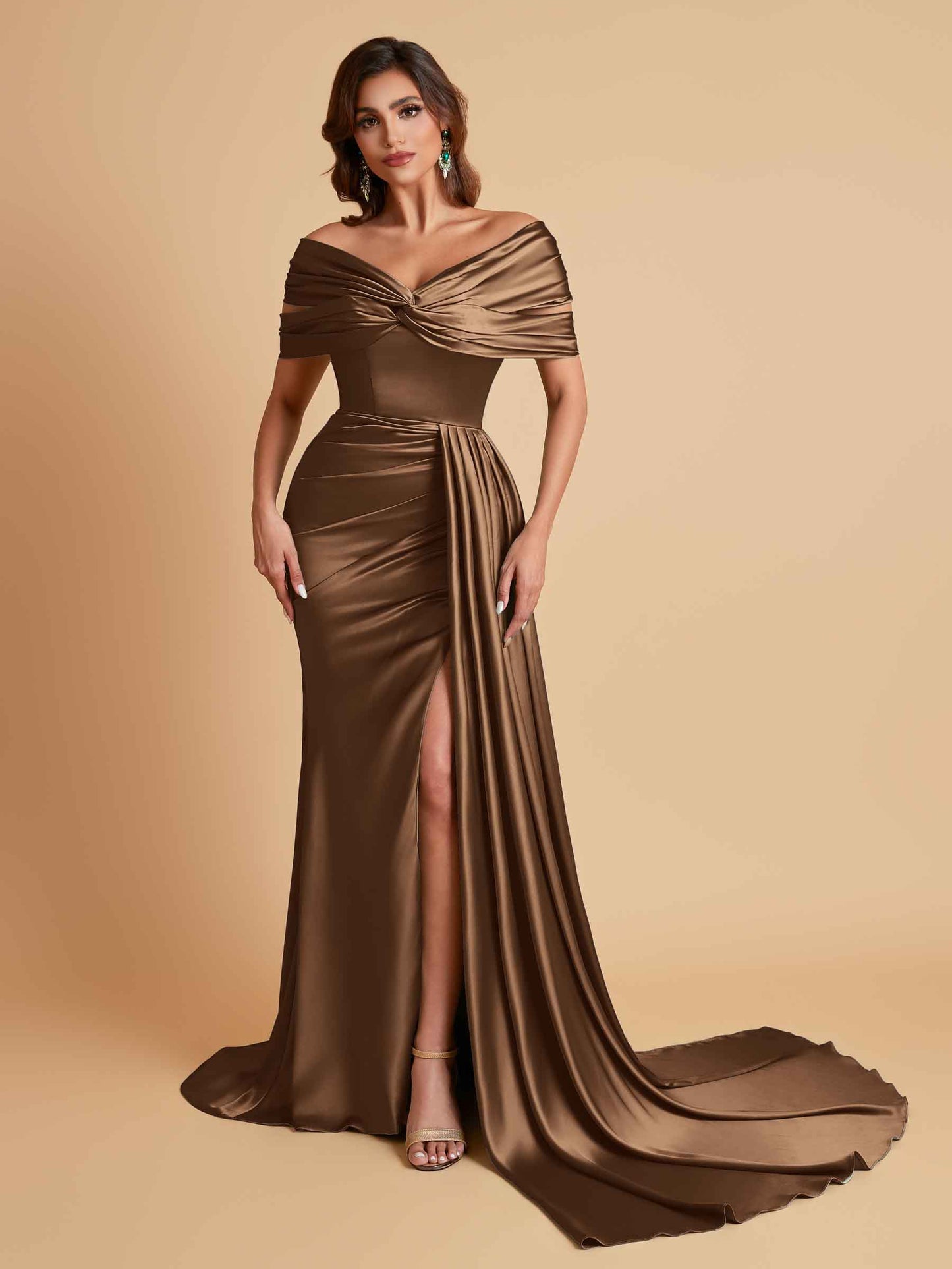 Elegant Soft Satin V-neck Off-the-Shoulder Side-Slit Mermaid Bridesmaid Dresses