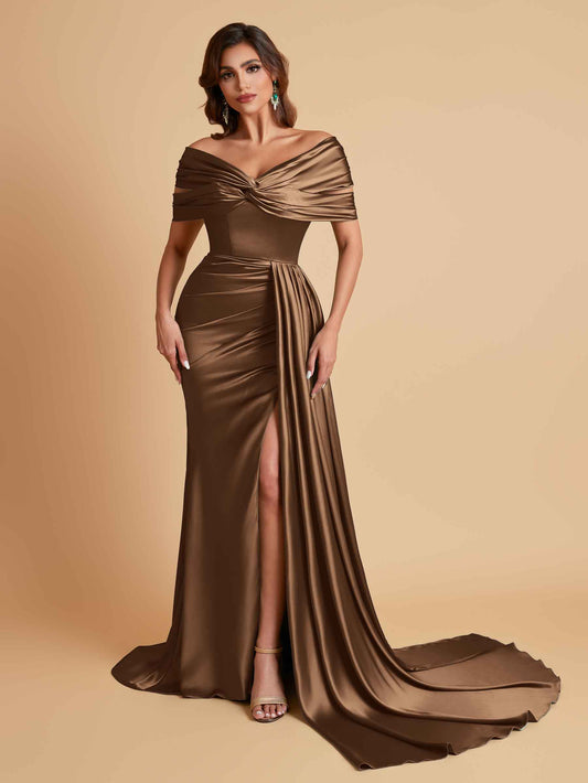 Elegant Soft Satin V-neck Off-the-Shoulder Side-Slit Mermaid Bridesmaid Dresses