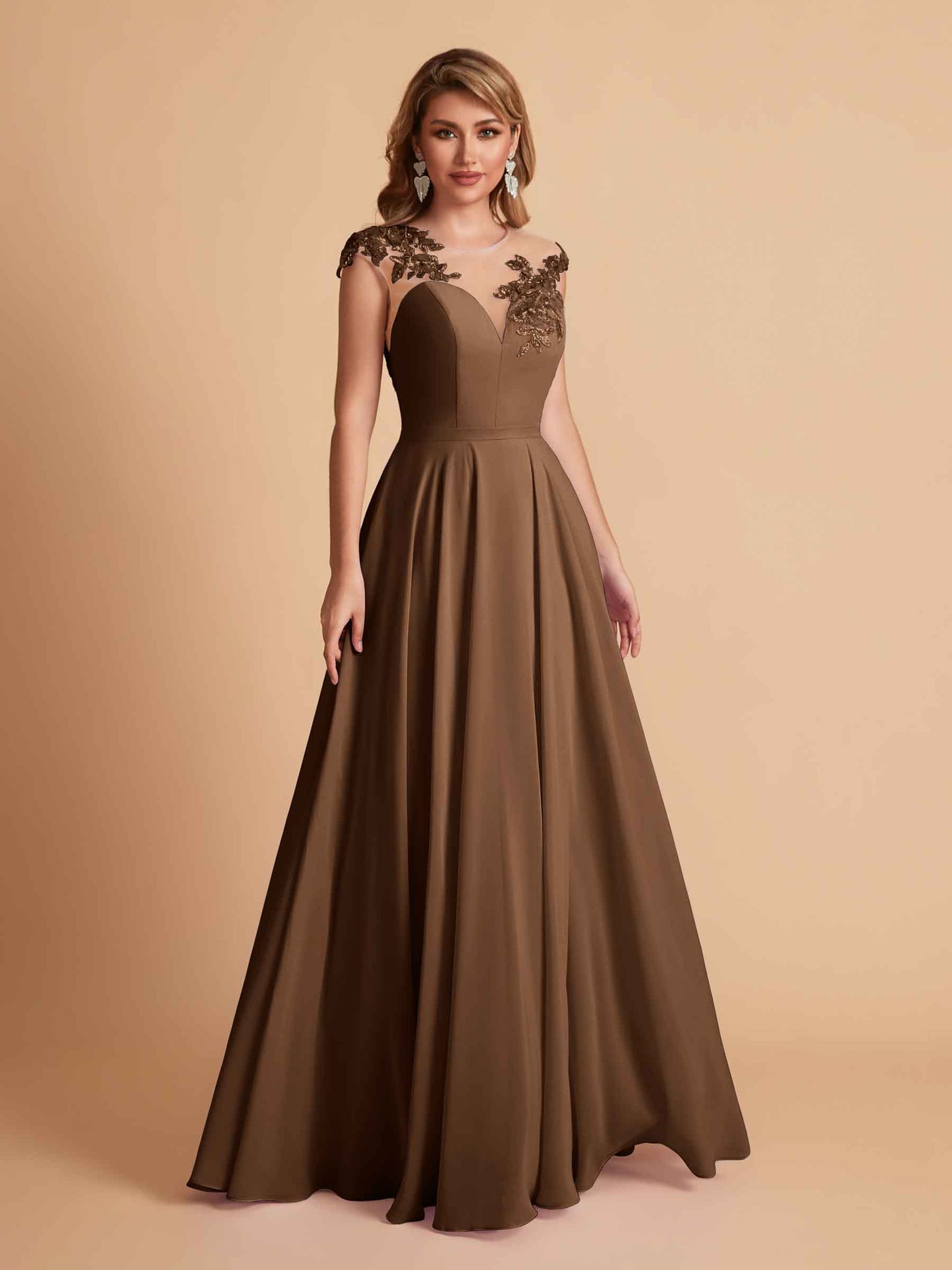 Chiffon Illusion Lace Top A-line Bridesmaid Dresses V-neck Floor Length Wedding Guest Dresses