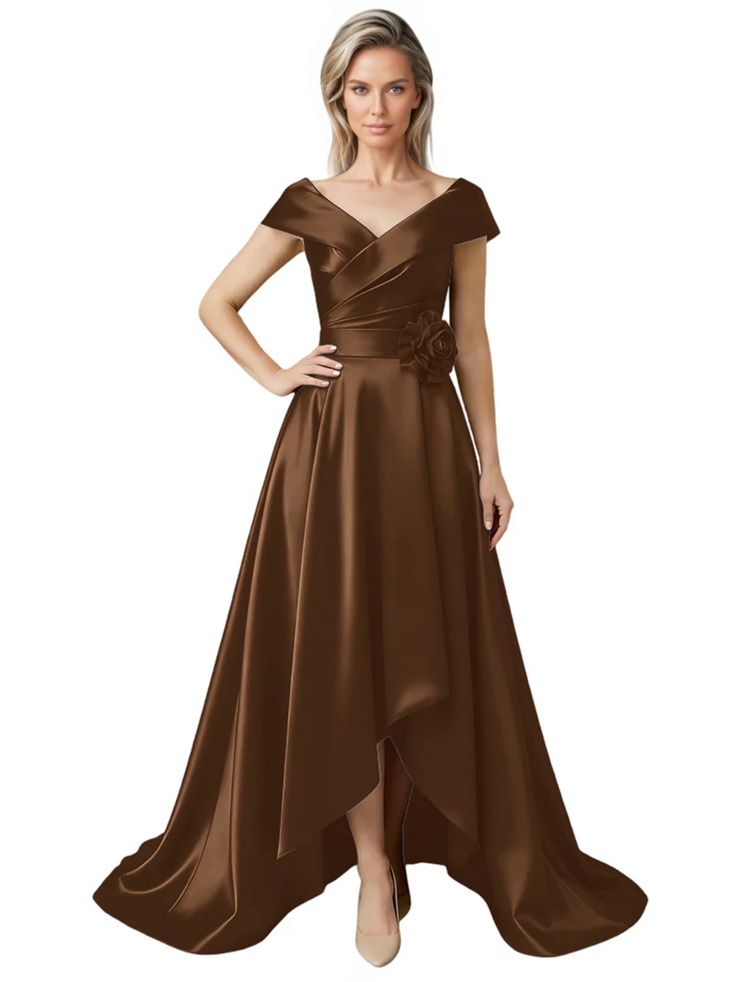 Off Shoulder Mother of the Bride Dress High-Low Satin Gown with Portrait Neckline