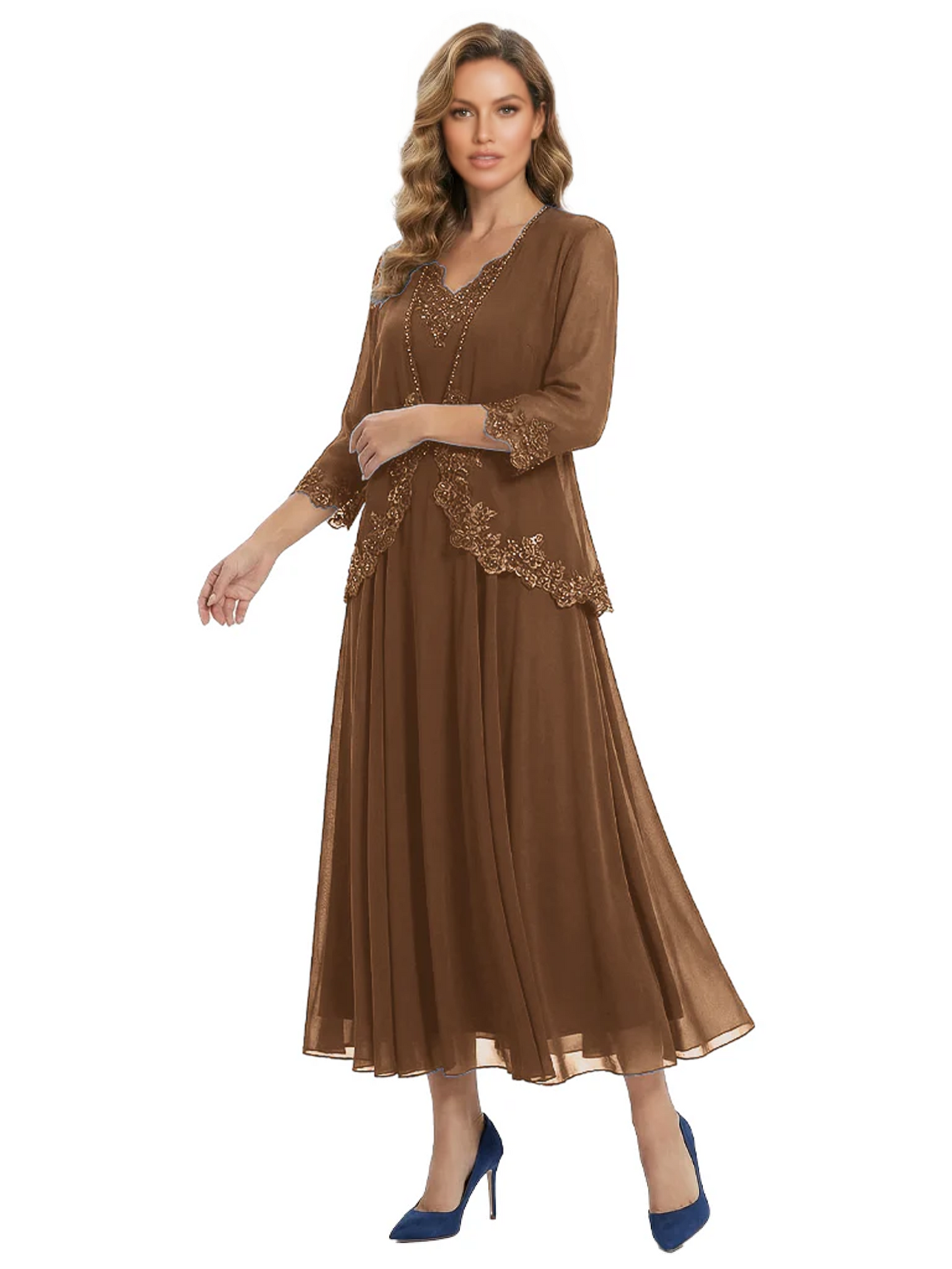 3/4 Sleeve Chiffon Mother of the Brides Dresses V-Neck Wedding Party Gowns