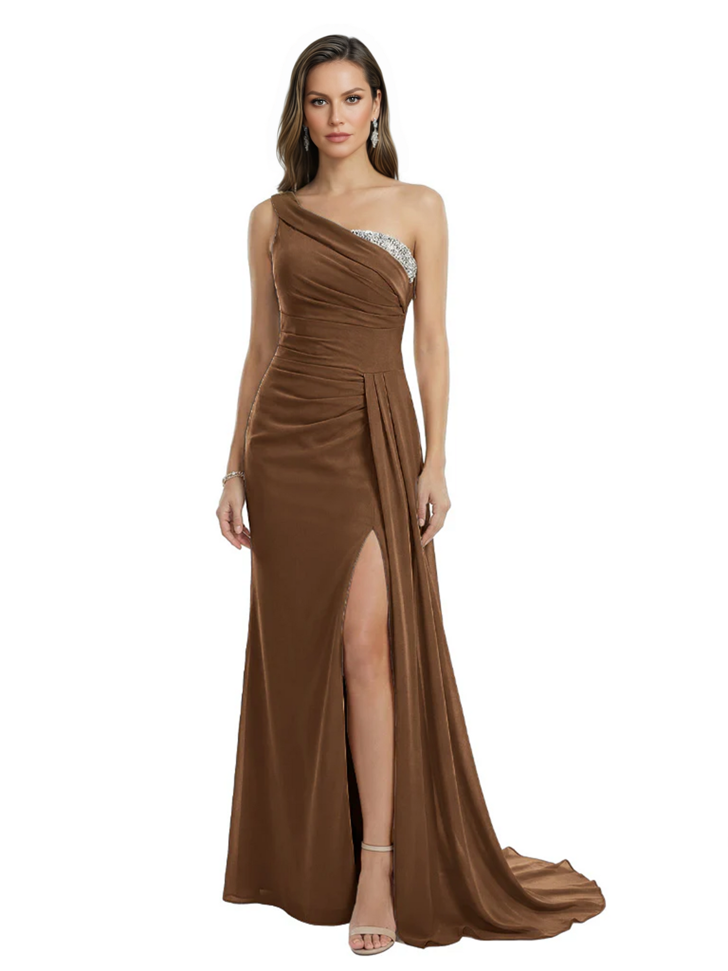 One Shoulder Mother of Bride Dress Ruffle Formal Gowns Mermaid Floor Length Train Slit