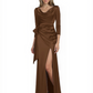 Elegant Evening Gowns Slit Trending Styles Satin Slit Formal Dress Cowl Neckline Gown Tie