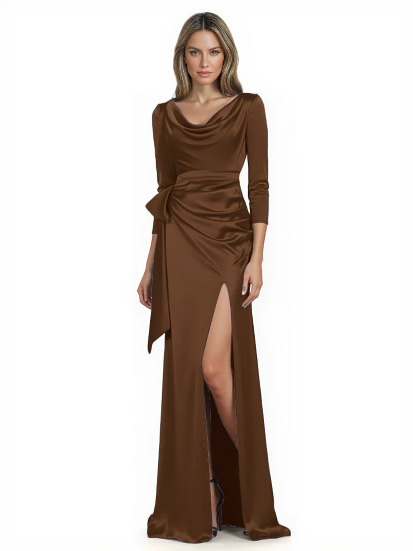 Elegant Evening Gowns Slit Trending Styles Satin Slit Formal Dress Cowl Neckline Gown Tie