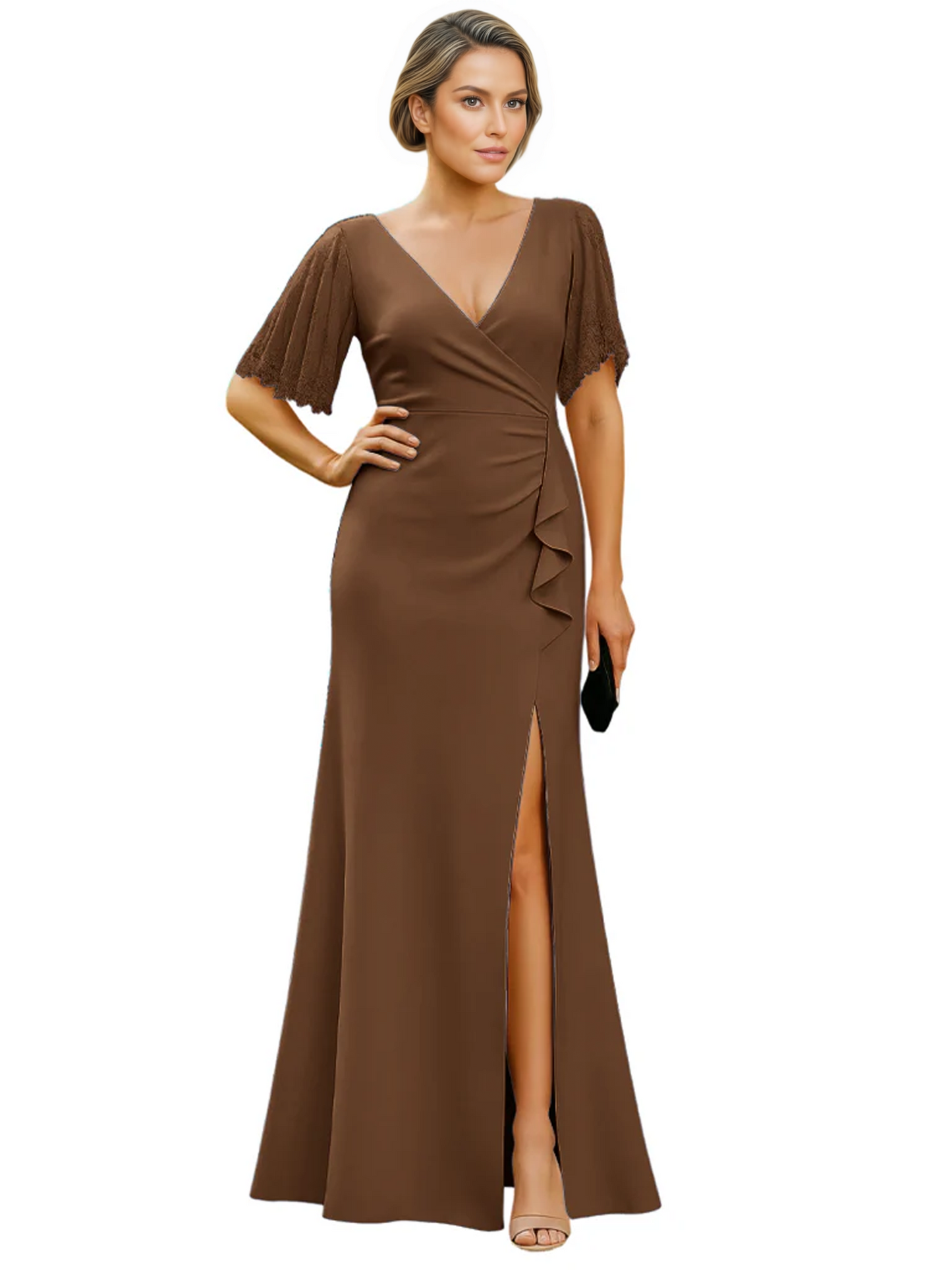 Elegant Evening Gown Trending V-Neck & Ruffle Detail Mother of Bride Outfits Slit