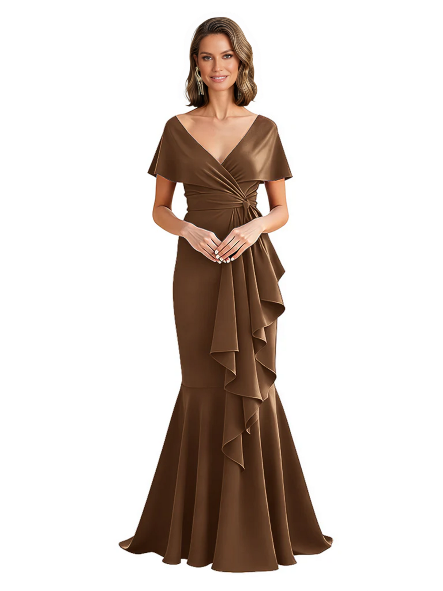Satin Mother of the Bride Dress with Cascading Ruffles and Mermaid Tail V-Neck