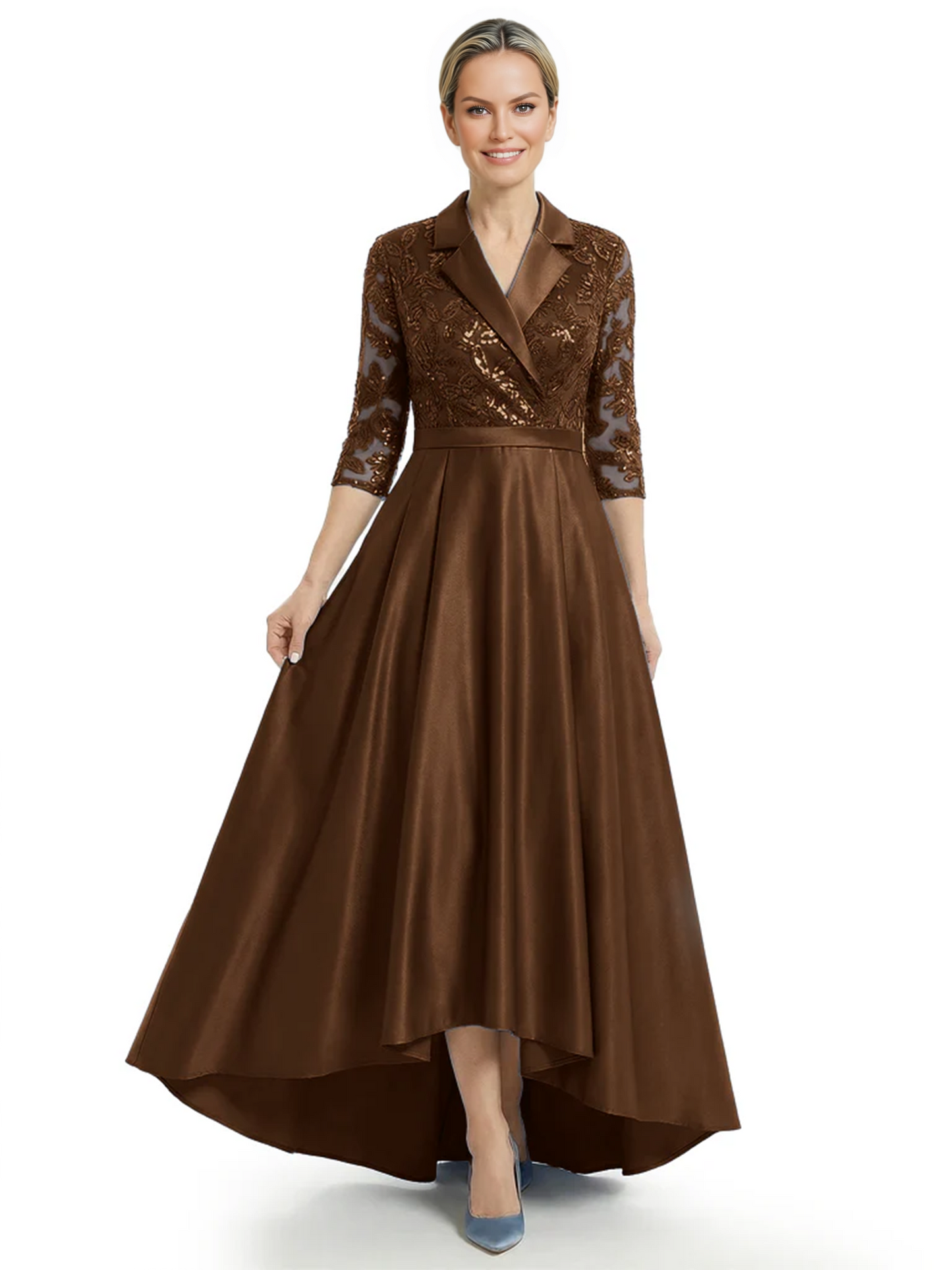 Elegant Mother of Bride Dress Evening Gowns Trending Styles with Lapel Collar 3/4 Sleeves
