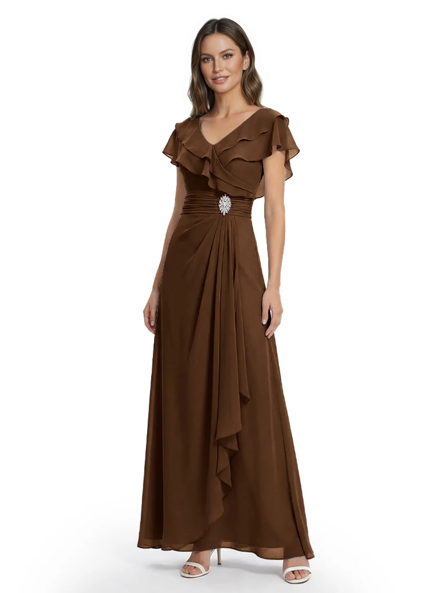 Elegant Mother of the Groom Dress Cascading Ruffle Chiffon Formal Gown Rhinestone