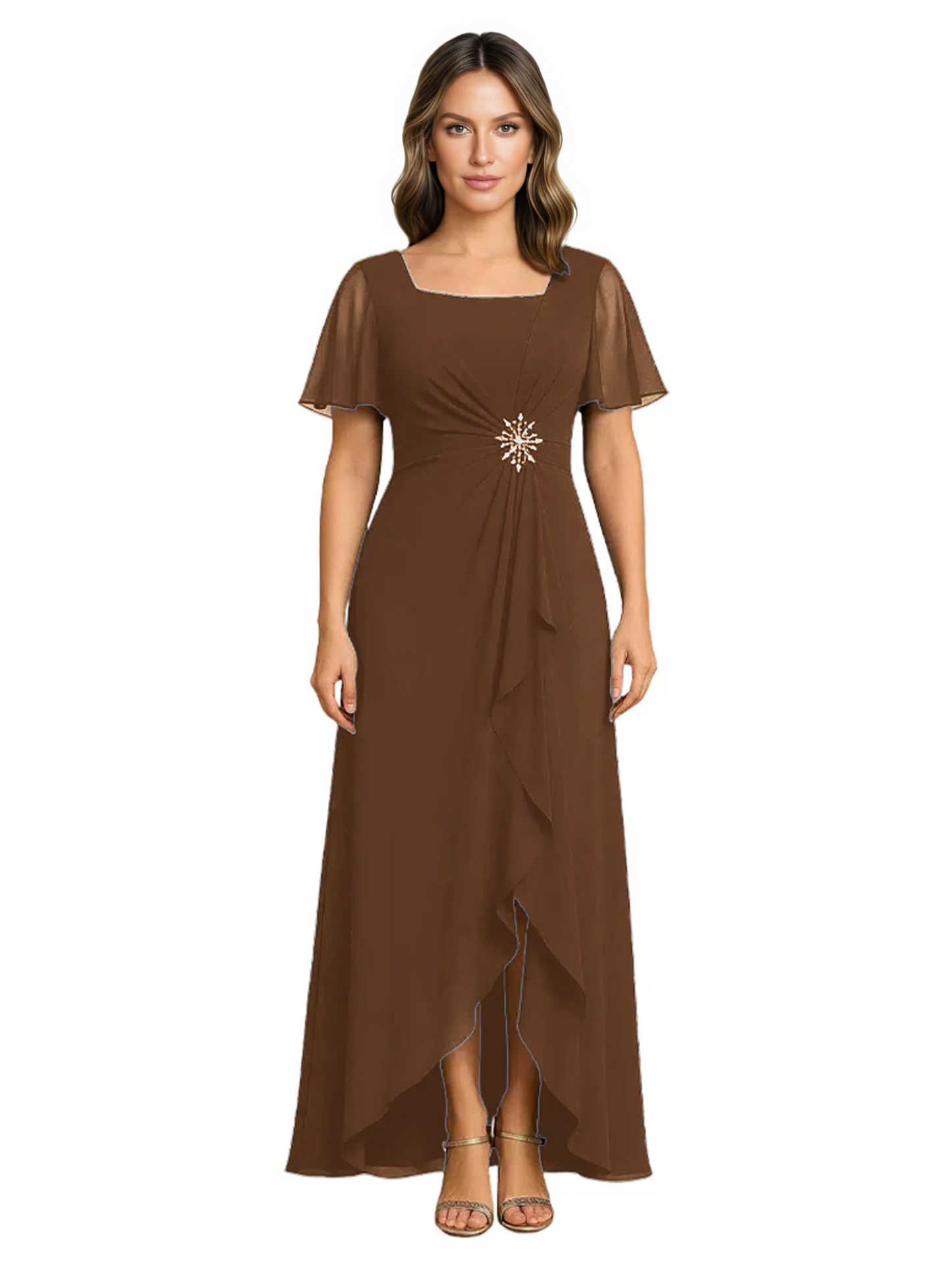 Formal High-Low Mother of the Bride Gown Sleeved Chiffon Maxi Dress Ruched Waist