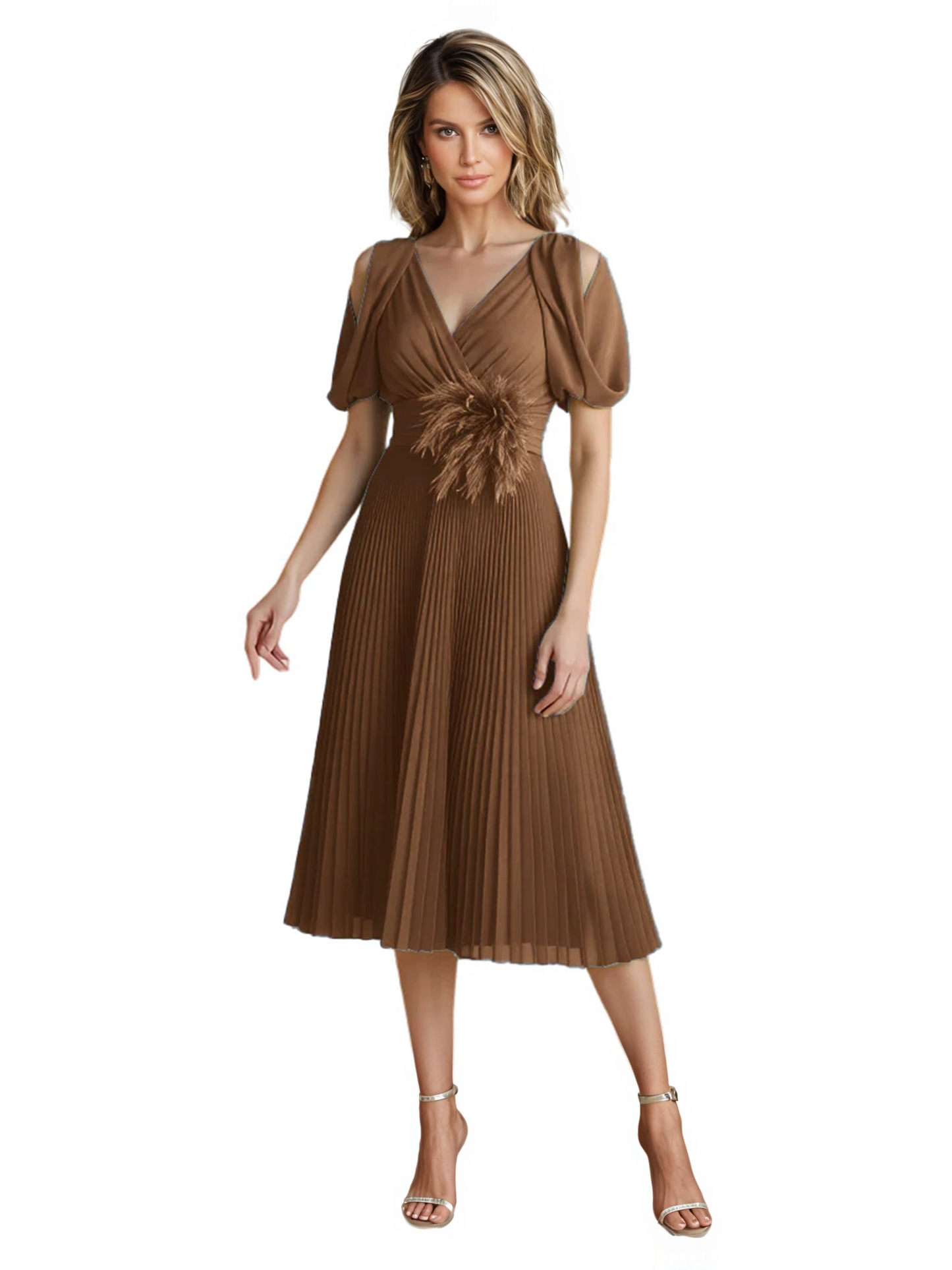 Wedding Formal Dress V-Neck Pleated Chiffon Gown with 3D Flower Accent Knee Length