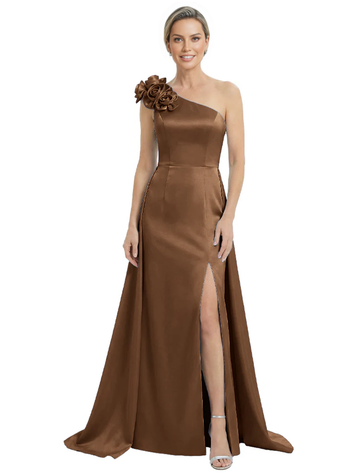 One Shoulder Mother of the Bride Dress with 3D Floral Detail Formal Dress A-Line Gowns with Slit