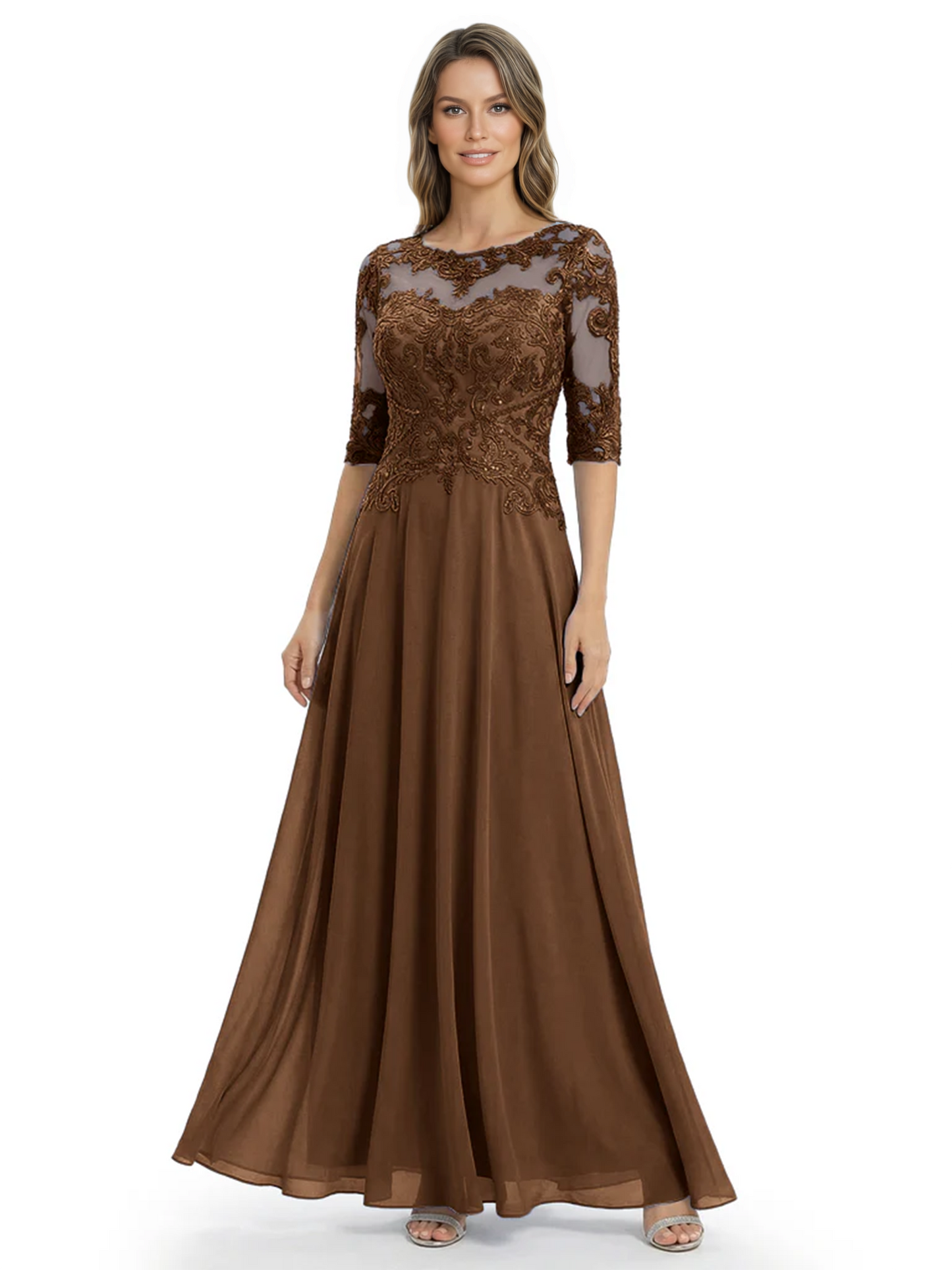 Illusion Neck Mother of the Bride Dress Half Sleeve Lace Applique Gowns Chiffon