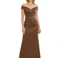 Off Shoulder Mother of the Bride Dress Beaded Waist Satin Gown Portrait Neckline