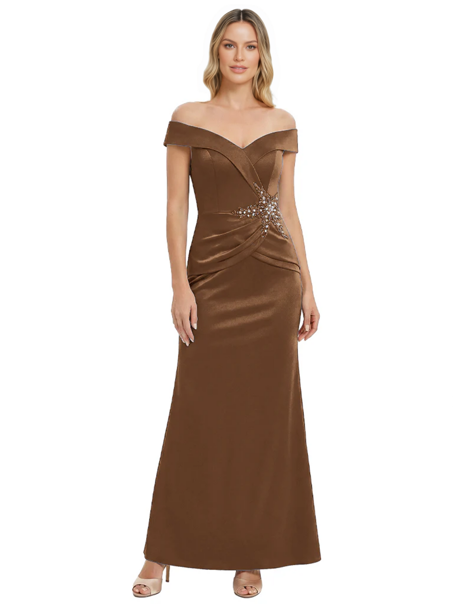 Off Shoulder Mother of the Bride Dress Beaded Waist Satin Gown Portrait Neckline