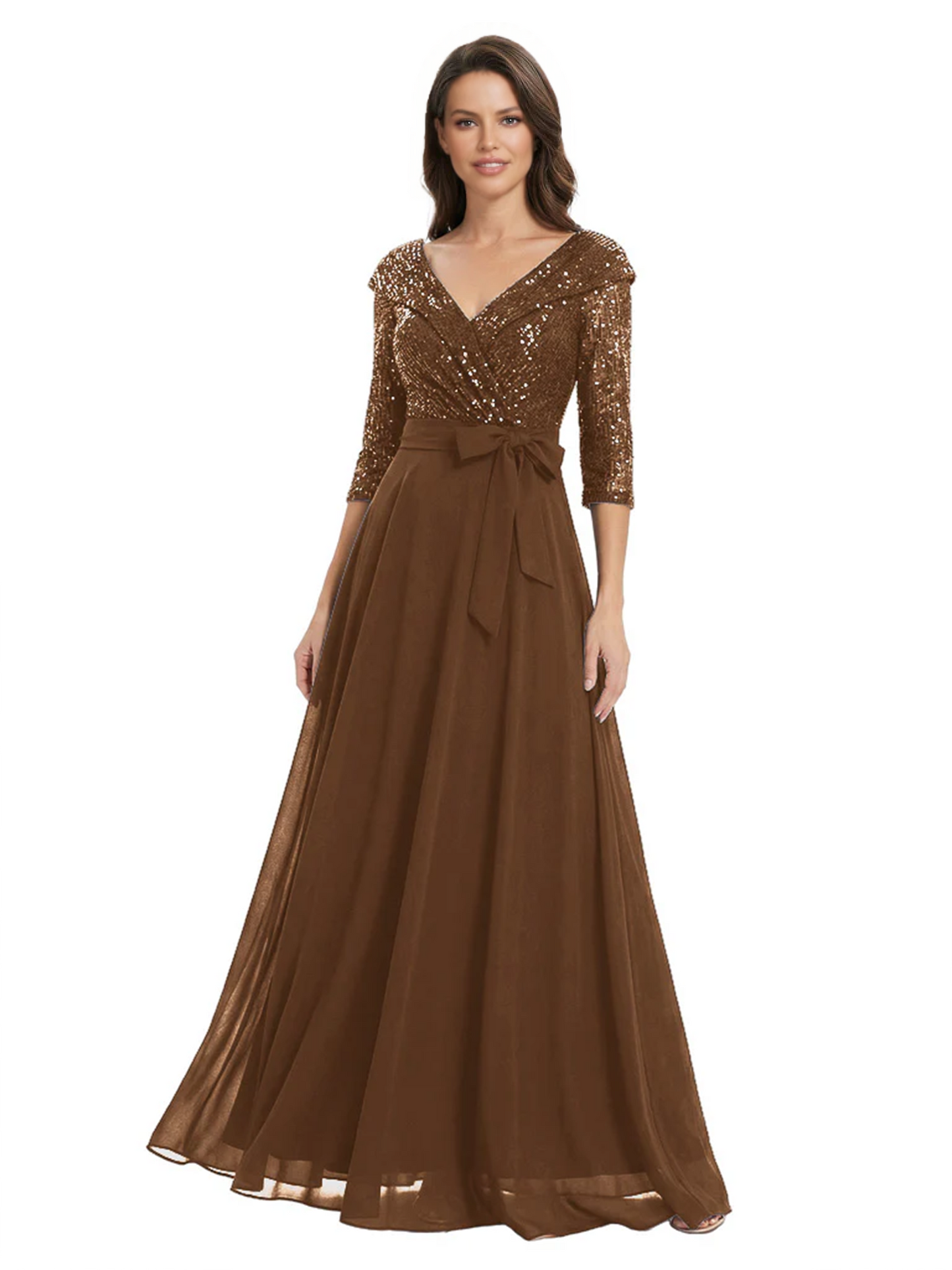 Chiffon Mother of the Bride Dress with Sequin V-Neck and Elegant Bow Sash