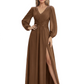 A-Line Mother of Bride Dress V-Neck Chiffon Gown Long Sleeves Slit Formal Dress