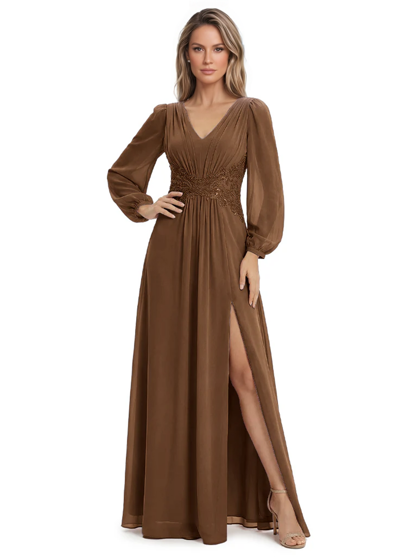 A-Line Mother of Bride Dress V-Neck Chiffon Gown Long Sleeves Slit Formal Dress
