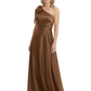 One-Shoulder Mother of the Bride Dress Satin Gown with Bow Ruched Empire Waist