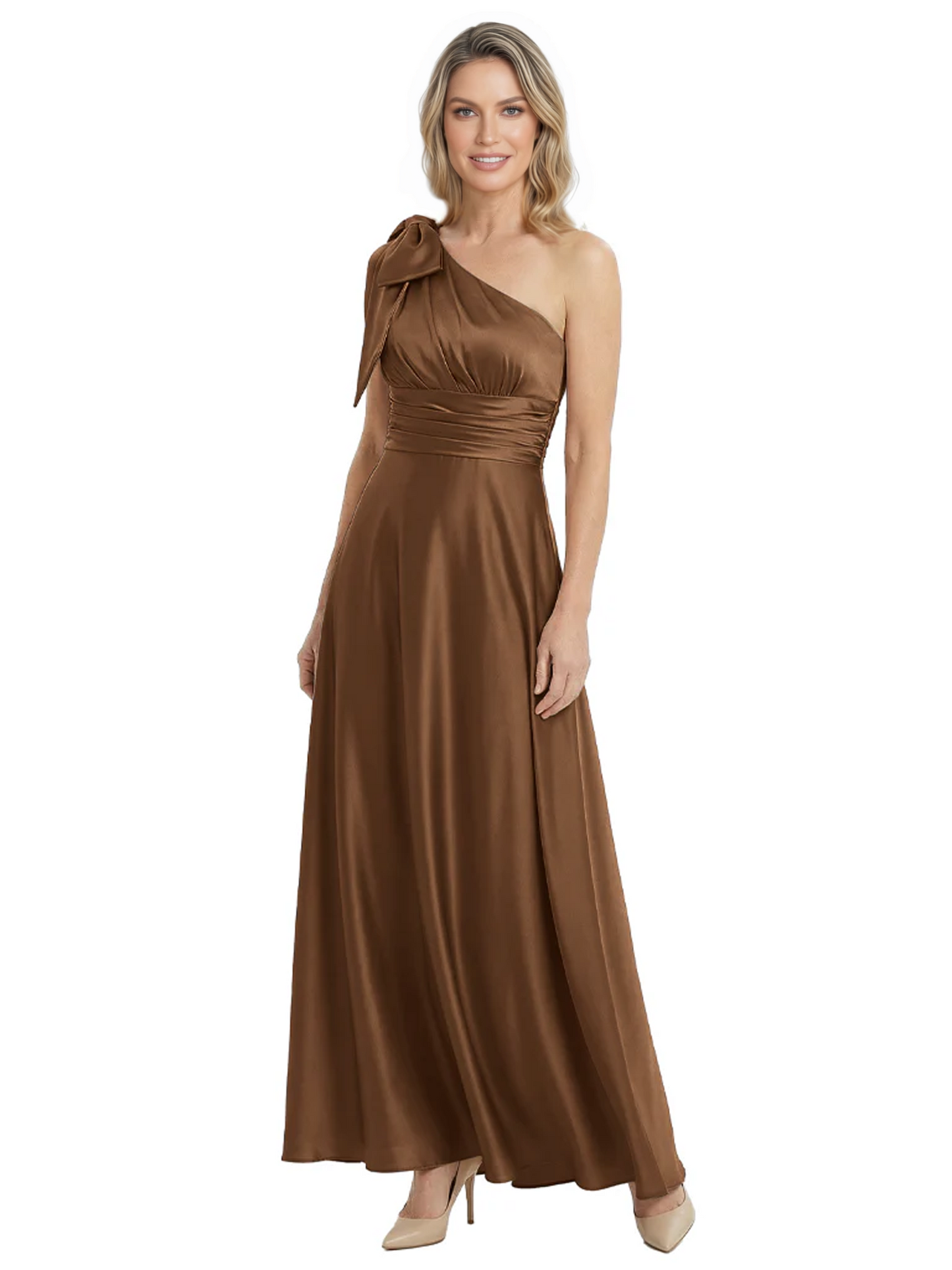 One-Shoulder Mother of the Bride Dress Satin Gown with Bow Ruched Empire Waist