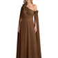 One Shoulder Mother of the Bride Dress Asymmetrical Cape Sleeve Gown with Floral