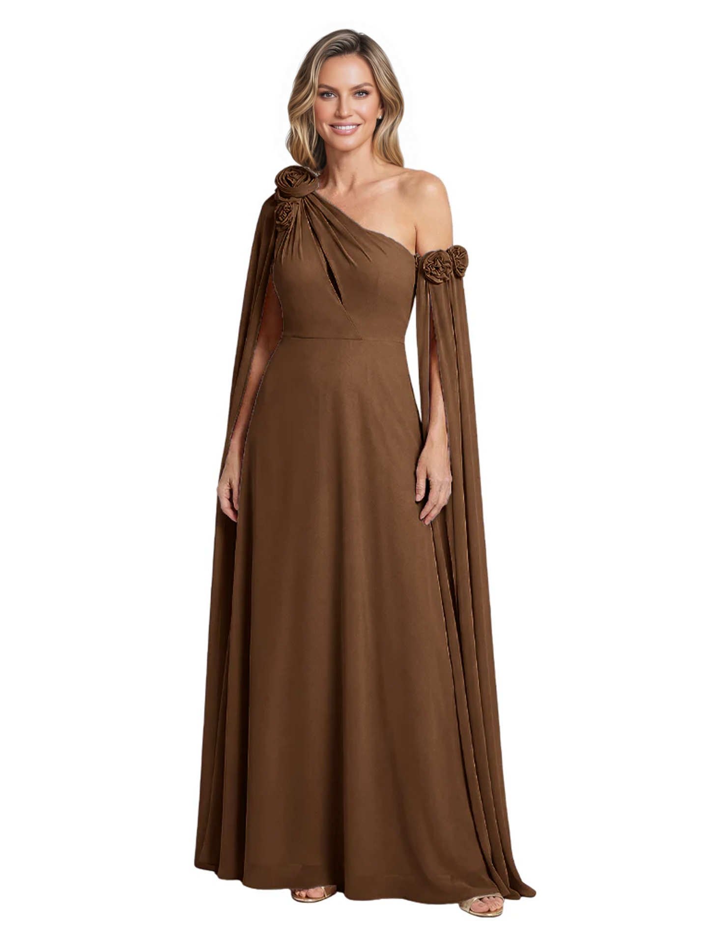 One Shoulder Mother of the Bride Dress Asymmetrical Cape Sleeve Gown with Floral
