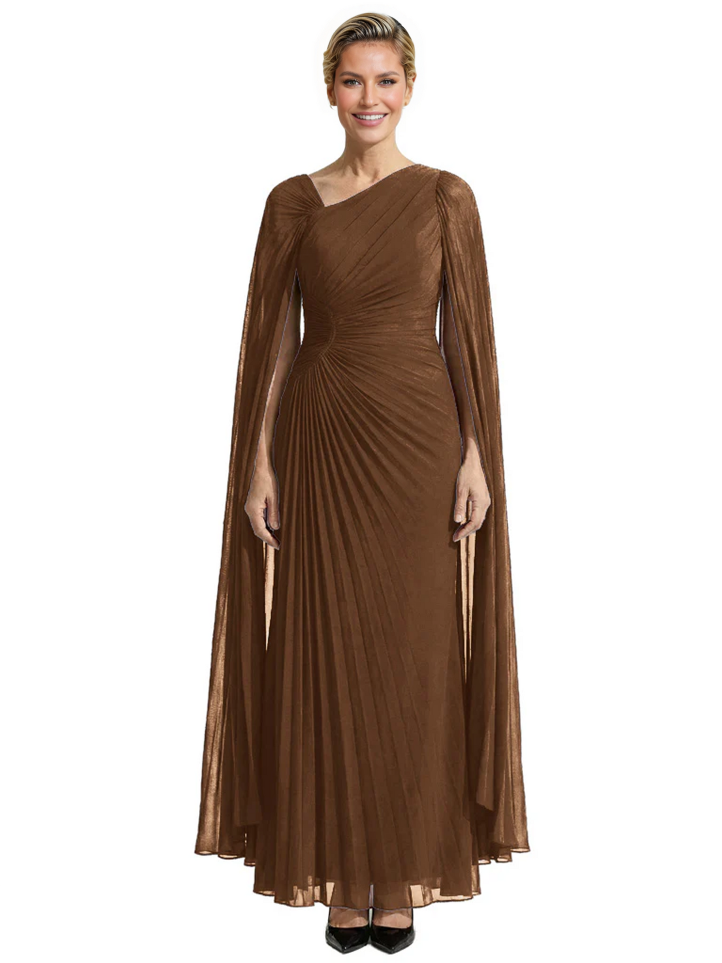 Elegant Asymmetric Neck Long A-Line Chiffon Mother of the Brides Dresses Mom Outfit with Cape