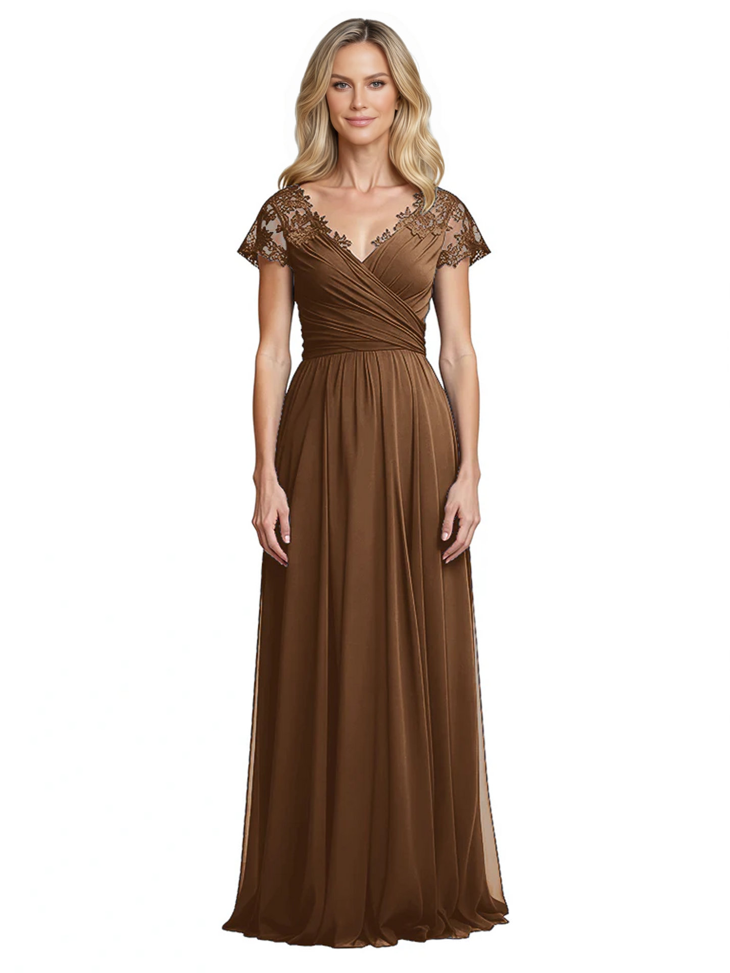 Mother of the Bride Dress Cap Sleeves and V-Neckline with Embroidered Lace Shoulders