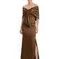 Formal Floor-Length Mother of the Bride Gown Satin Maxi Dress with Bow Neckline