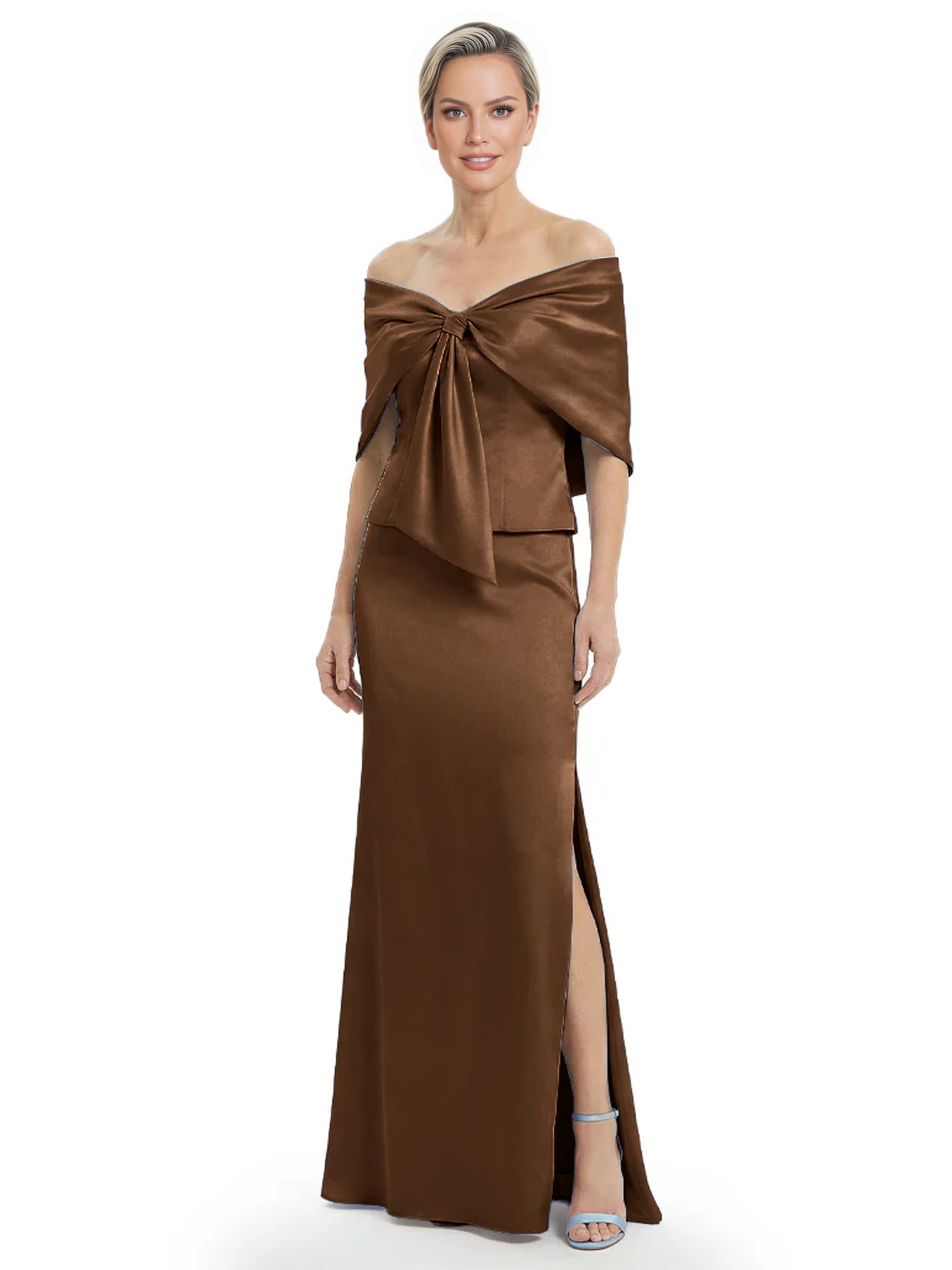 Formal Floor-Length Mother of the Bride Gown Satin Maxi Dress with Bow Neckline