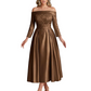Off Shoulder Mother of the Bride Dress Tea-Length Satin Gown with Lace Applique
