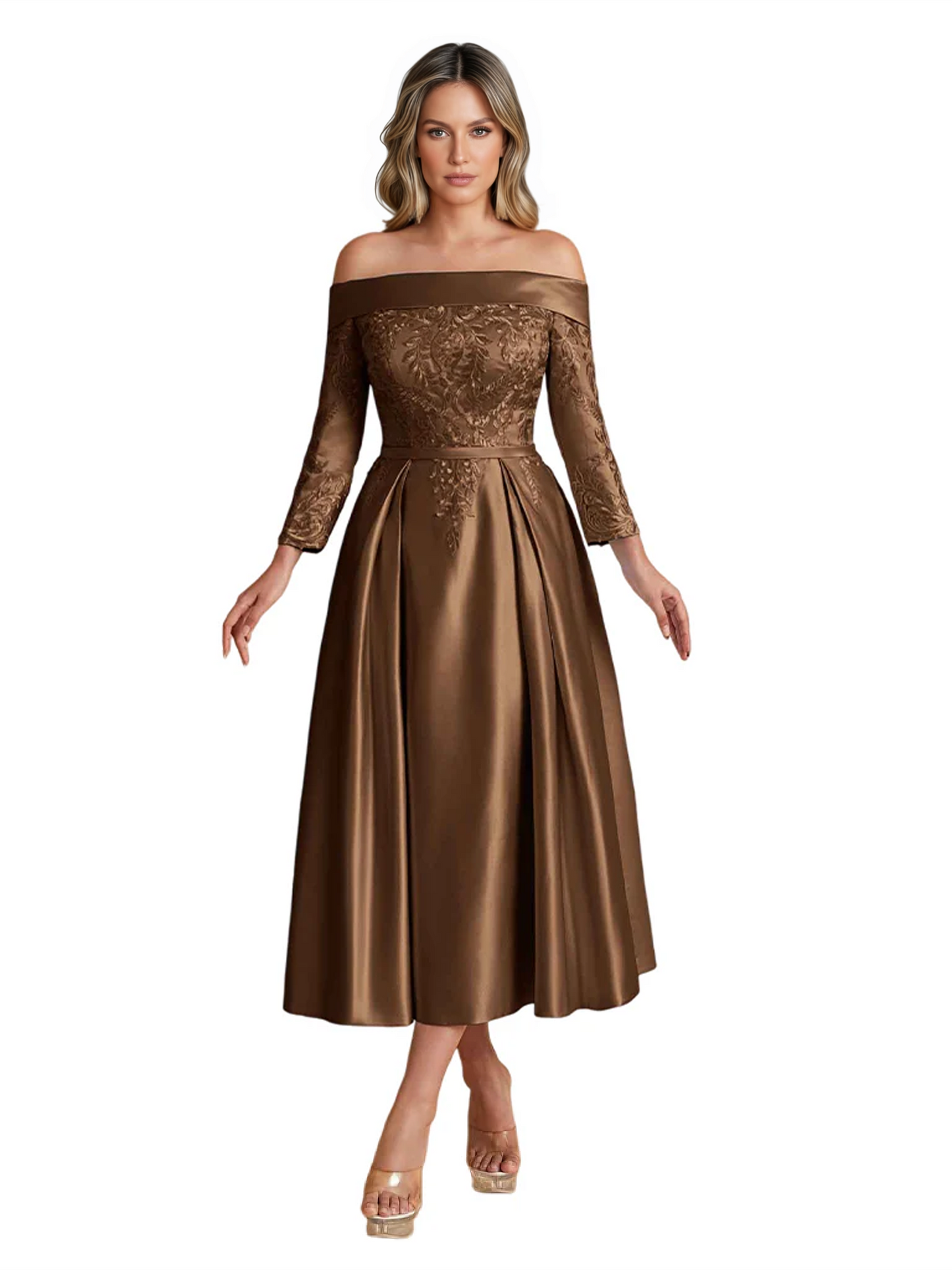 Off Shoulder Mother of the Bride Dress Tea-Length Satin Gown with Lace Applique