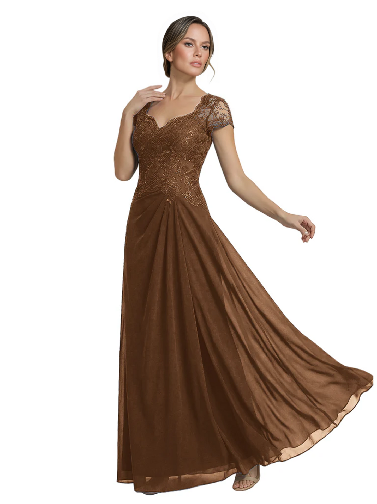 Long A-line Chiffon Short Sleeves Mother of the Brides Dresses Lace Wedding