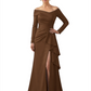 Elegant Mother of the Groom Dress Cascading Ruffle Satin Gown with High Slit Long Sleeves