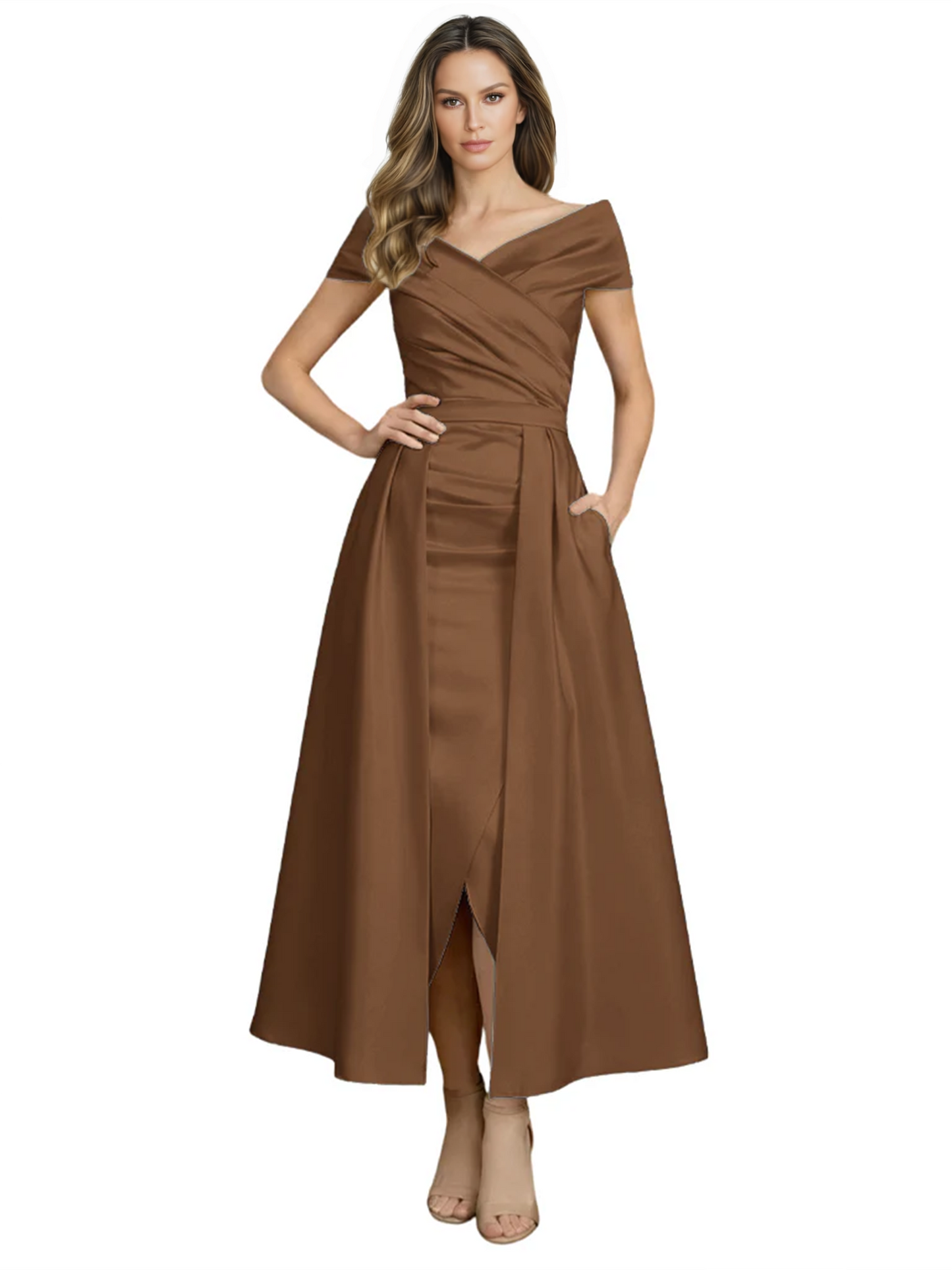 Formal Floor-Length Mother of the Bride Gown Satin Maxi Dress with Slit Off Shoulder