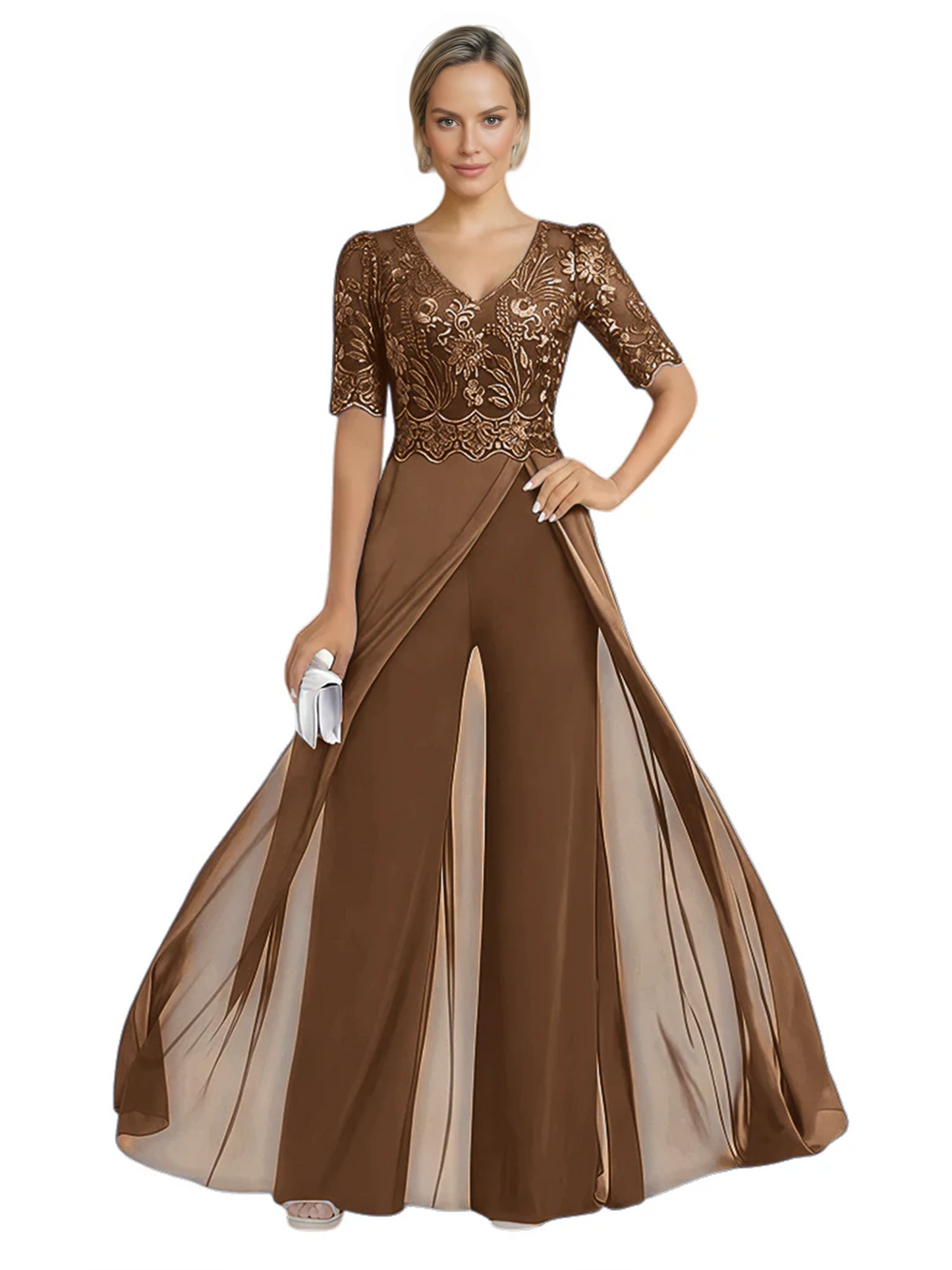V-Neck Chiffon Mother of the Brides Jumpsuits Dresses Floor Length A-Line Lace