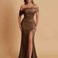 Elegant Soft Satin Mermaid Off Shoulder Asymmetrical Side Slit Floor-Length Bridesmaid Dresses