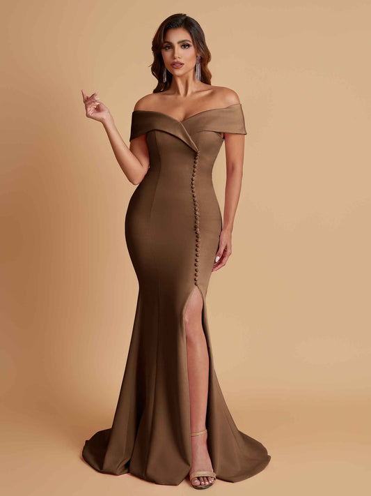 Elegant Soft Satin Mermaid Off Shoulder Side Slit Floor-Length Bridesmaid Dresses