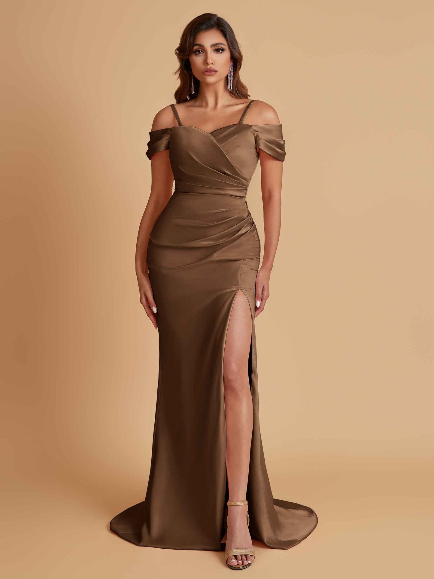 Sexy Soft Satin Mermaid Cold Shoulder Side Slit Floor-Length Bridesmaid Dresses Online