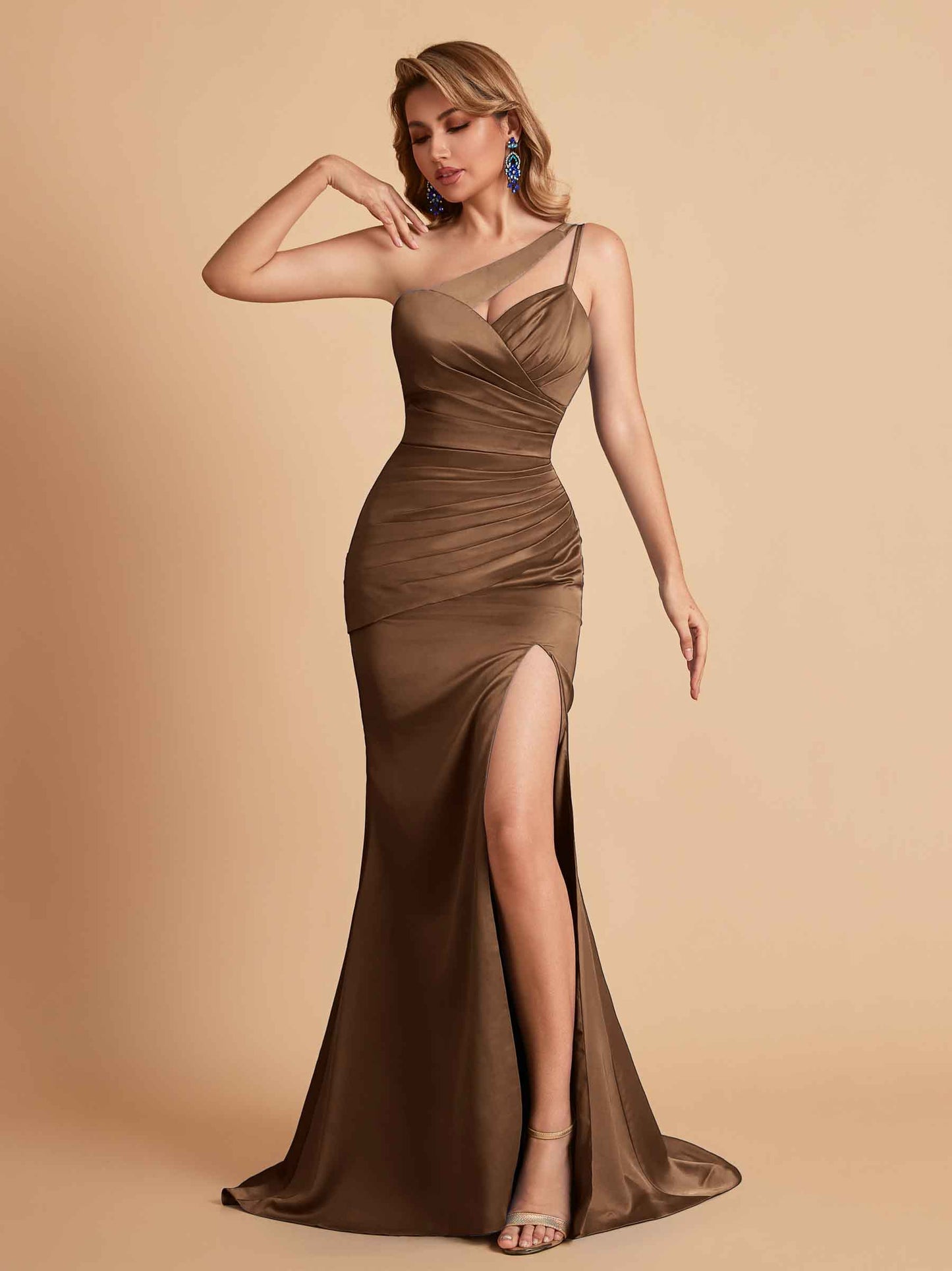 Elegant Satin One Shoulder Mermaid Side Slit Floor Length Bridesmaid Dresses
