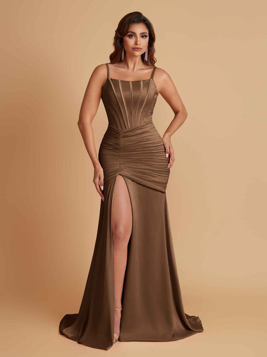 Sexy Soft Satin Mermaid Spaghetti Straps Side Slit Floor-Length Bridesmaid Dresses