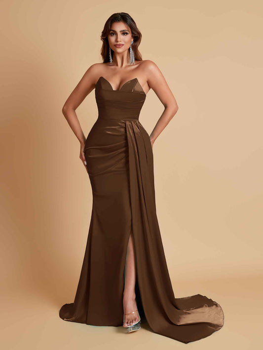Gorgeous Strapless Soft Satin Side Slit Floor-Length Mermaid Bridesmaid Dresses