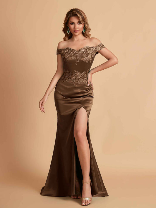 Elegant Satin Off Shoulder Mermaid Side Slit Floor Length Bridesmaid Dresses