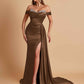 Gorgeous Soft Satin V-neck Off-the-Shoulder Side-Slit Mermaid Bridesmaid Dresses